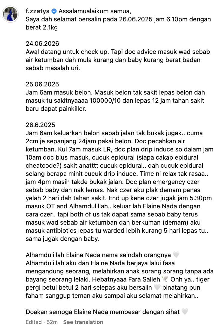 Fara Salleh selamat bersalin
